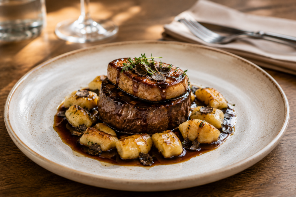 Tournedos de Boeuf dans une assiette avec foie gras poêlé dessus, dans son jus, avec gnocchis arriere plan a droite : couvert + serviette arrière plan à gauche : 2 verre