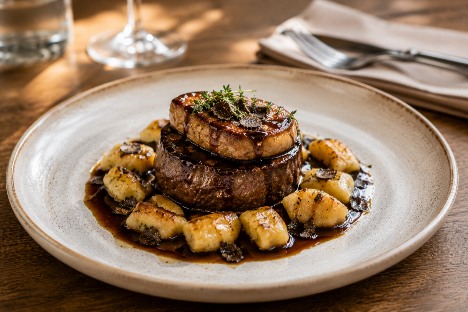 Tournedos de Boeuf dans une assiette avec foie gras poêlé dessus, dans son jus, avec gnocchis arriere plan a droite : couvert + serviette arrière plan à gauche : 2 verre