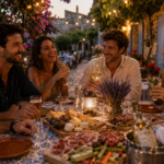 Amis autour d'un table, partageant un repas convivale sur le thème de la Provence.