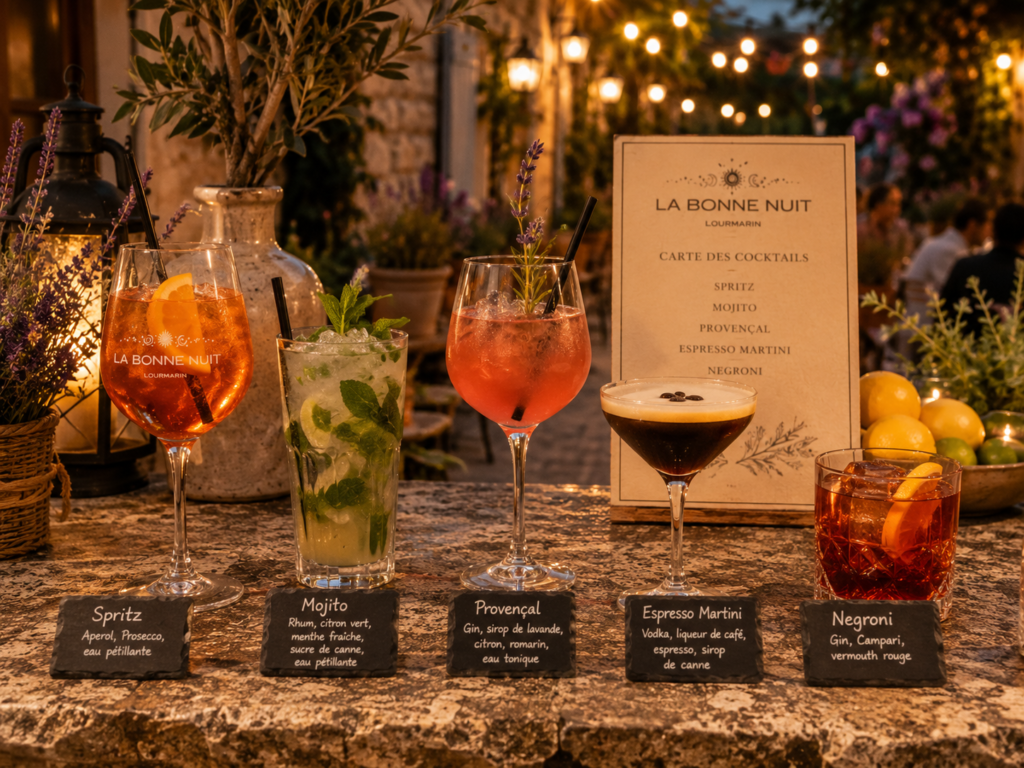 présentation de cocktails, spritz, mojito, expresso martini, negroni et provençale