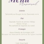 menu rpovençale avec "entrées" "plats" "fromages" "desserts"