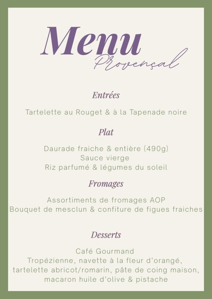 menu rpovençale avec "entrées" "plats" "fromages" "desserts"