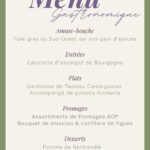 affiche menu gastronomique avec description de "amuse-bouche" "entrées" "plats" "fromages" "desserts" violet et vert