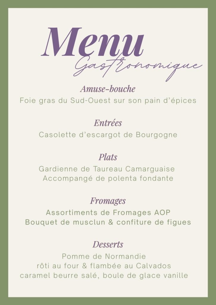 affiche menu gastronomique avec description de "amuse-bouche" "entrées" "plats" "fromages" "desserts" violet et vert
