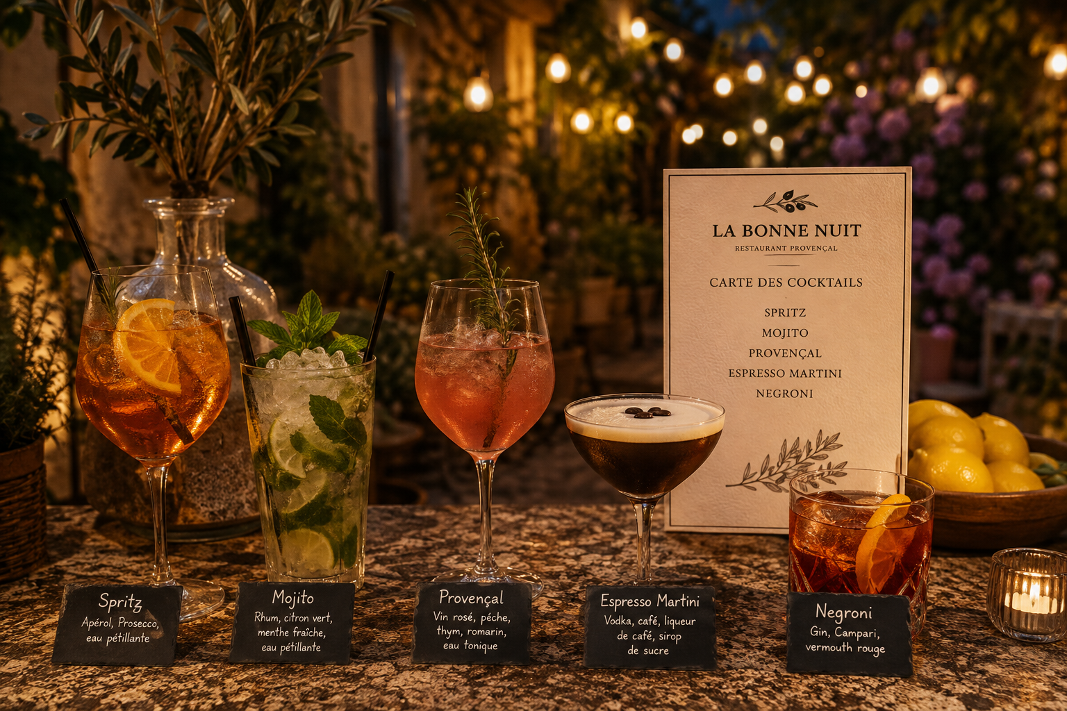 présentation de cocktails de gauche à droite, spritz, mojito, provençal, expresso martini, negroni