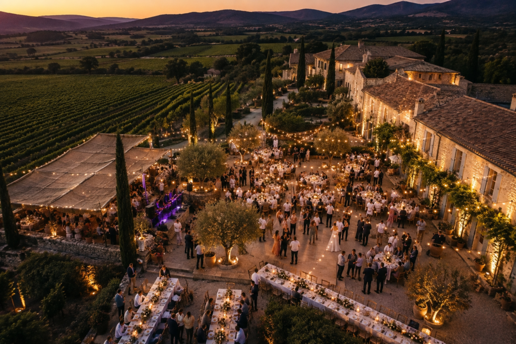 photo pris du dessus, mariage avec convives dans une thème provençale