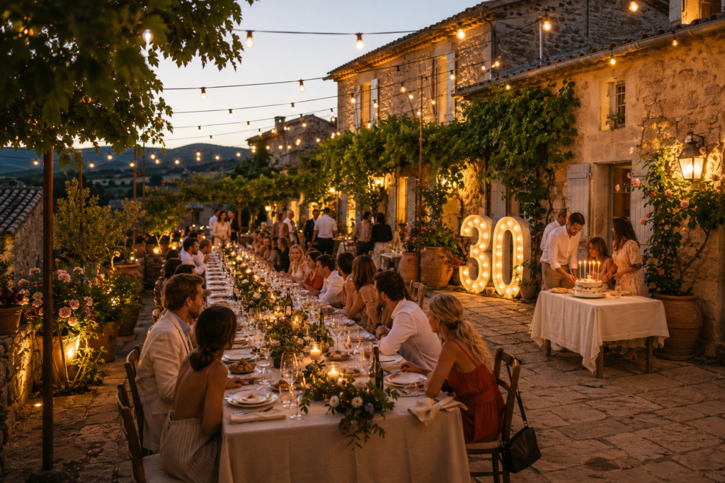 fête d'anniversaire (30 ans) avec une grande table de convives, dans le thèmes provençale