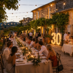 fête d'anniversaire (30 ans) avec une grande table de convives, dans le thèmes provençale