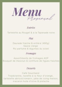 Présentation en image du menu provençal de la bonne nuit avec entrée, plat, fromages, dessert