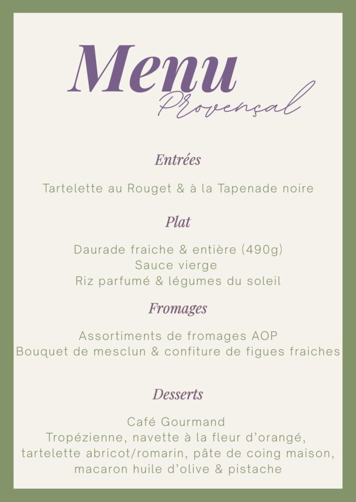 Présentation en image du menu provençal de la bonne nuit avec entrée, plat, fromages, dessert