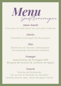 Présentation par image du menu gastronomique de la bonne nuit avec amuse-bouche, entrées, plats, fromages et desserts