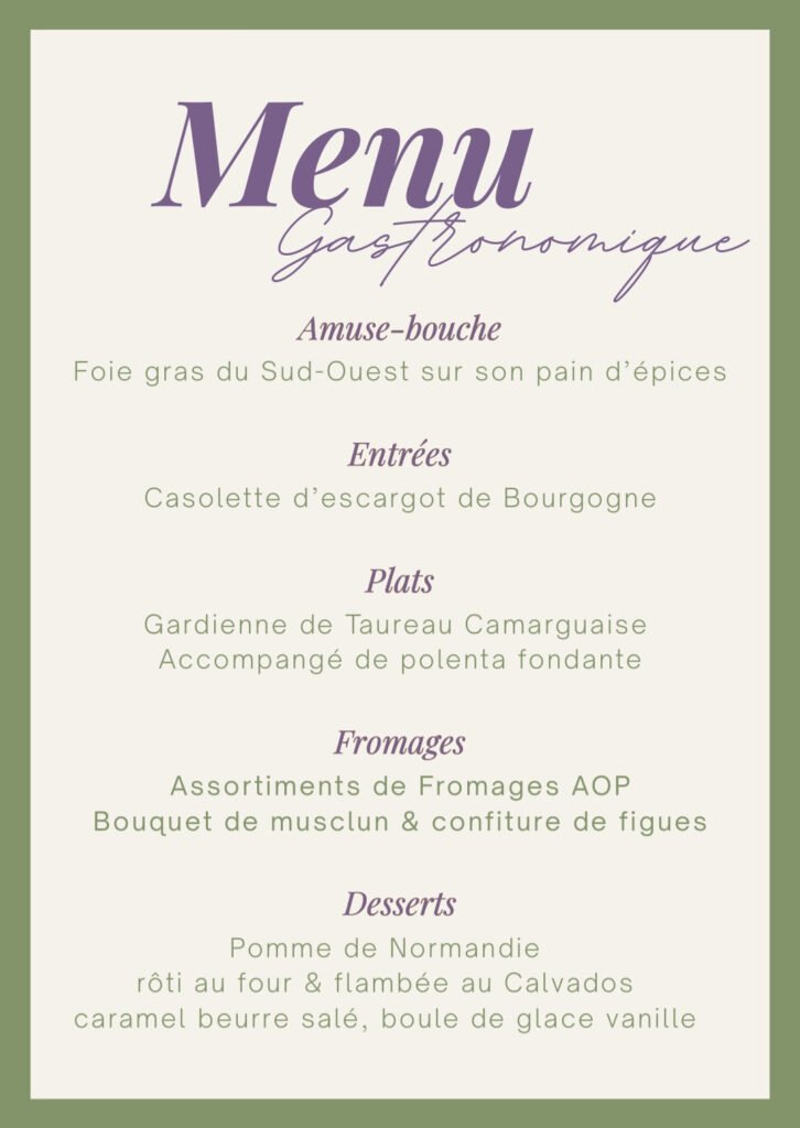 Présentation par image du menu gastronomique de la bonne nuit avec amuse-bouche, entrées, plats, fromages et desserts