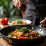 Préparation des linguines de la mer, le cuisinier ajoute des épices