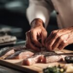 préparation vu de près, des poissons frais sur une planche en bois