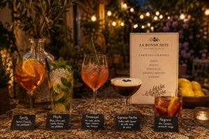 Présentation de cocktail, de gauche à droite : Spritz, Mojito, Provençal, Expresso Martini, Negroni