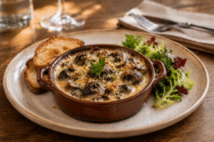Cassolette d'escargot avec crème servit avec salade verte et pains grillés