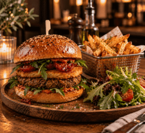Burger végan avec un steak de soja, galette de pomme de terre, tomates confites, salade verts, oignons confits servit avec frite et salade verte