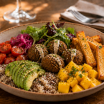 buddha bowl vegan avec base de riz et quinoa, avocat, tomates cerises, salade verte, mangue, falafels et frites de panisse