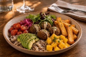 Poke bowl végan, avec base de riz/quinoa, falafels, frites de panisse, tomates cerises, salade verte, avocat et mangue