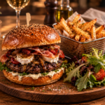 Burger la bonne nuit avec steak fromage de chèvre et sauce accompagné de frites et salade verte
