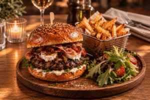 Burger La Bonne Nuit avec steak, fromage de chèvre, jambon cru, sauce tartare servit avec frites et salade