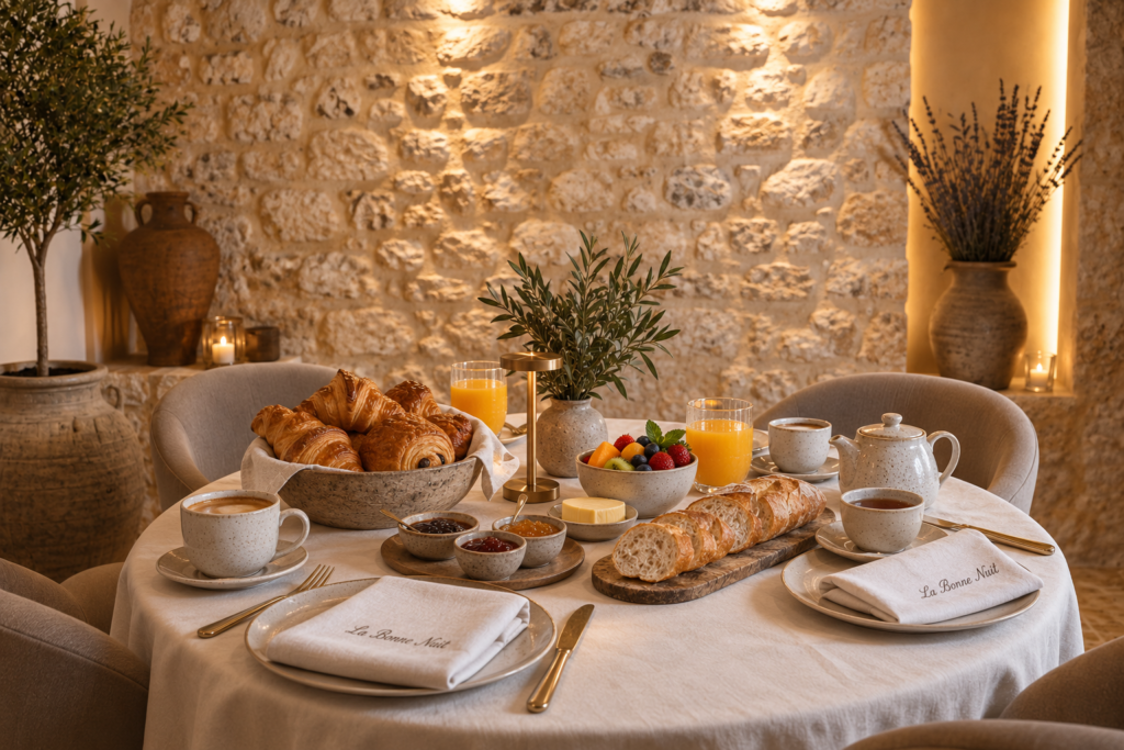 petit déjeuner continental. fond d'un mur en pierre, table dresser et serviettes floquées "la bonne nuit"