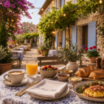 brunch sur la terrasse de la bonne nuit avec croissants, jus d'orange et omelette, thème provençal