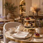 salon de thé dans une ambiance chic et provençale avec théière et tasses, petites pâtisseries et serviettes floqués "la bonne nuit"