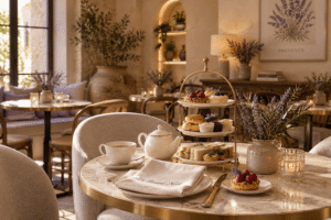 Salle de salon de thé dans un cadre chaleureux, thé et petites pâtisserie maison sur un présentoir, assiette, serviette et couverts