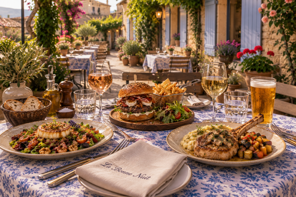 déjeuner sur une terrasse provençale avec verres de vins blanc et rosé, bière pression, burger, salade de chèvre et côte de veau. serviette floqué "la bonne nuit"
