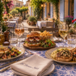 déjeuner sur une terrasse provençale avec verres de vins blanc et rosé, bière pression, burger, salade de chèvre et côte de veau. serviette floqué "la bonne nuit"