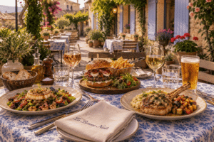 Déjeuner sur la terrasse de La Bonne Nuit au thème Provençale, côte de veau, salade de chèvre et burger la bonne nuit sur la table, 2 verres de vin blanc servit ainsi qu'un demi de bière pression, des verres d'eau, couverts et serviettes