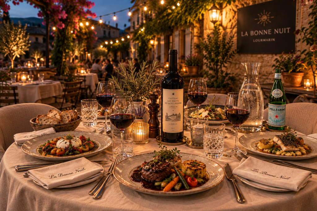 diner chaleureux sur une terrasse au thème provençal. avec une bouteille de vin rouge sur la table et des verres de vin servis, une daube de boeuf à la provençale et d'autres plats provençaux et serviettes floquées "la bonne nuit"