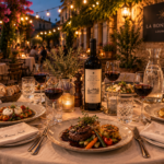 diner chaleureux sur une terrasse au thème provençal. avec une bouteille de vin rouge sur la table et des verres de vin servis, une daube de boeuf à la provençale et d'autres plats provençaux et serviettes floquées "la bonne nuit"