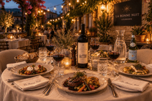 Dîner chaleureux sur la terrasse au thème provençale, bouteille de vin rouge et 4 verres de vin rouge servit, mets sur la table avec verres d'eau et carafe d'eau, serviettes et couverts - réserver une table