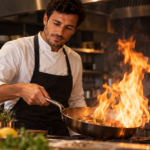 Chef de cuisine - jeune homme brun, en train de faire flambée des aliments