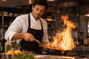 Flambage des gambas au pastis par le chef dans la cuisine