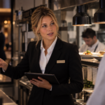 maitresse d'hôtel en train d'établir la communication entre la salle et la cuisine