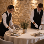 une serveuse sur la gauche installe les assiettes sur la tables et le serveur sur la droite installe les couverts. tout deux portent des gants