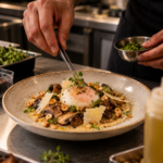 Œuf parfait en préparation, parmesan, champignons, herbes aromatiques