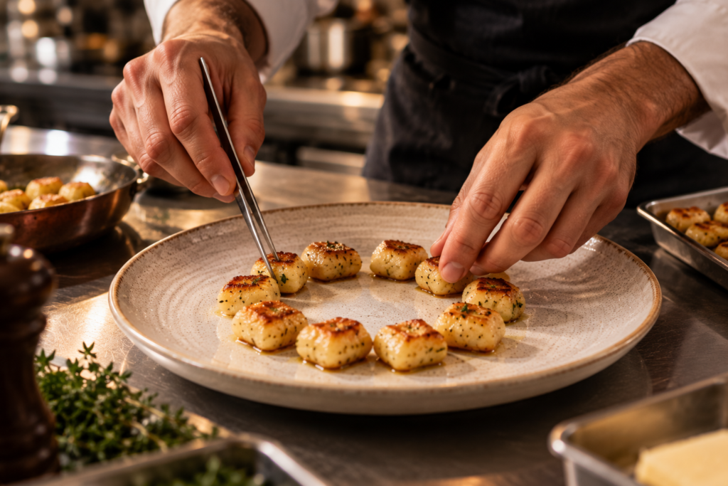 dressage de gnocchis à l'aide d'une pince dans l'assiette