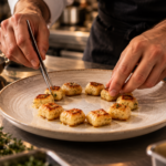 dressage de gnocchis à l'aide d'une pince dans l'assiette