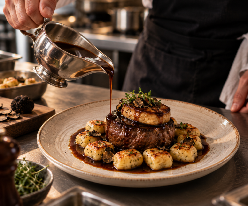 tournedos de boeuf façon rossini avec foie gras poelé dessus la viande, gnocchis et le cuisinier verse la sauce dans l'assiette