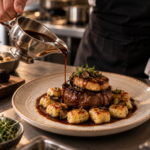tournedos de boeuf façon rossini avec foie gras poelé dessus la viande, gnocchis et le cuisinier verse la sauce dans l'assiette