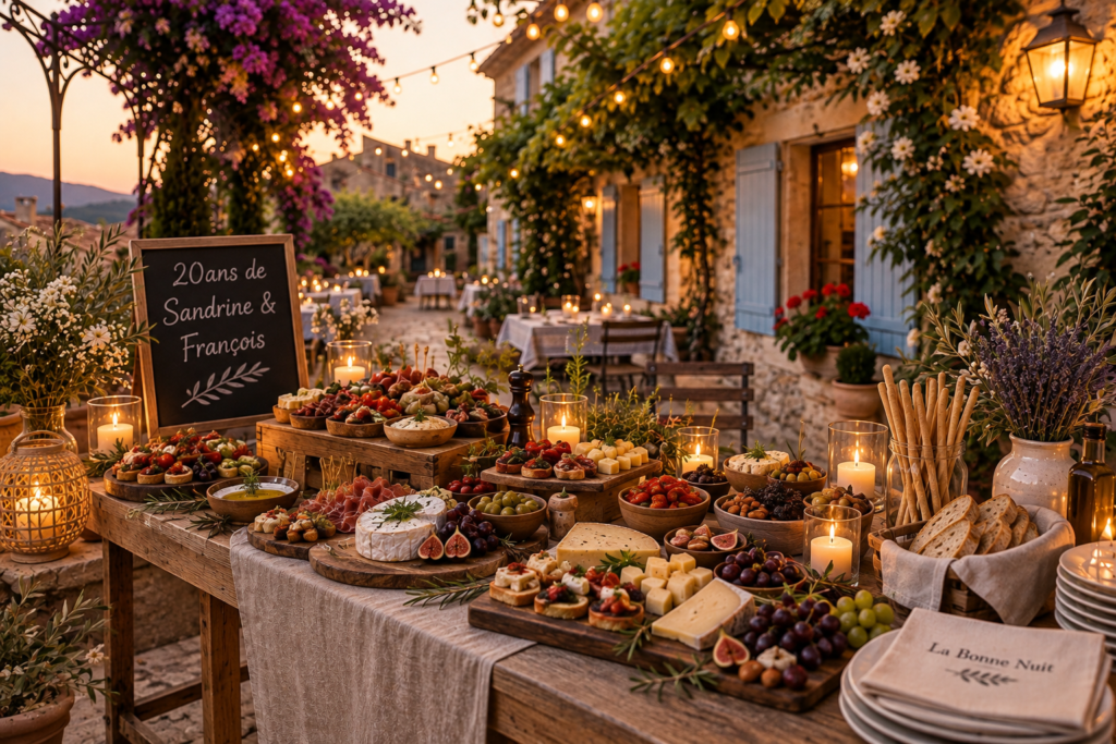 Apéritifs dinatoire sur la terrasse de La Bonne Nuit, 20 ans de sandrine et françois