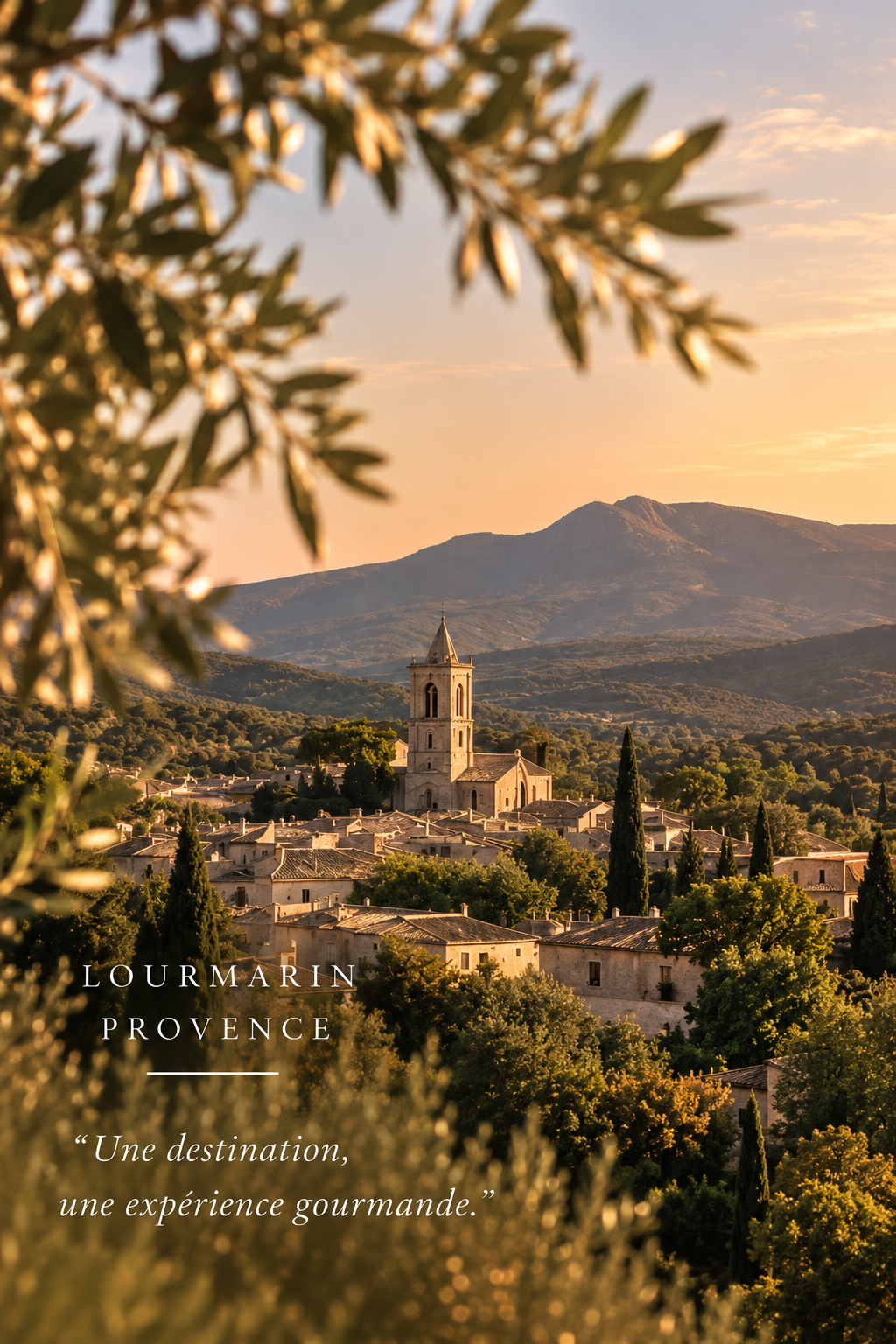 premier plan en haut à gauche, branche d'olivier, arrière plan centre le village de lourmarin et écriture de présentation de localisation