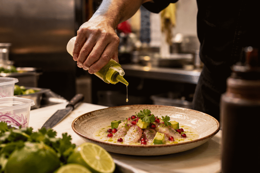 Préparation et finition du ceviche de daurade, le cuisinier met le dernier filet d'huile d'olive dans l'assiette
