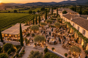 Mariage à la bonne nuit, photo prise du dessus, thème provençal