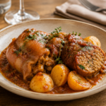 pieds & paquets à la marseillaise accompagné de pommes de terre fondante et mijoté dans une sauce tomate