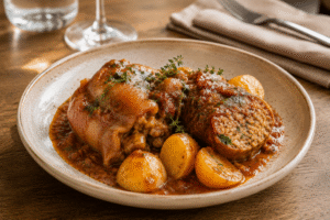 Pieds et paquets à la Marseillaise servi avec des pomme de terre fondantes